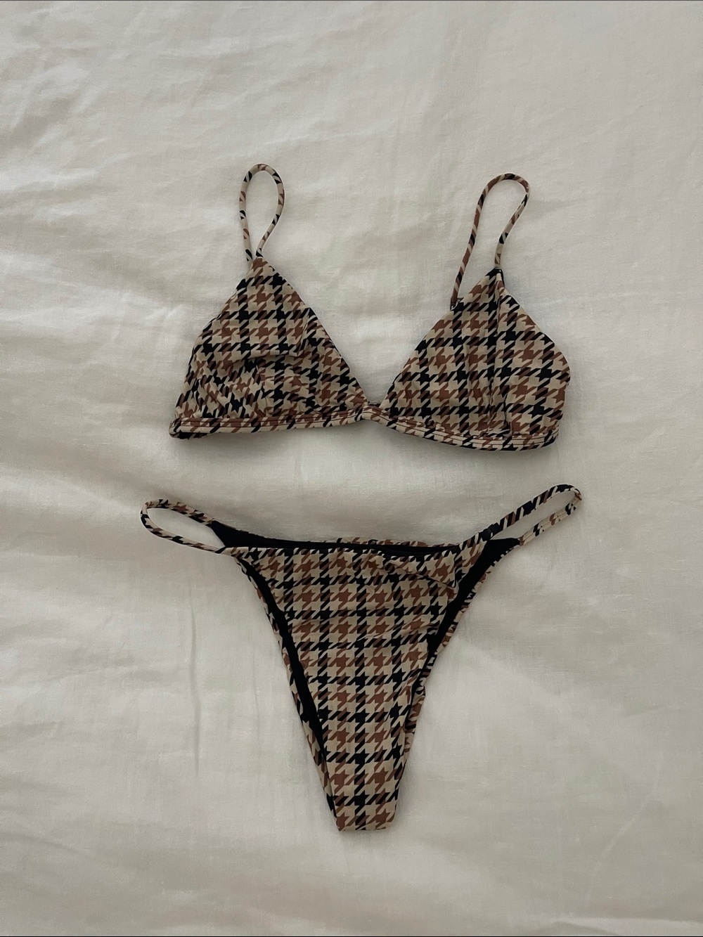Haight Houndstooth Triangle Bikini Set - Beige/Black